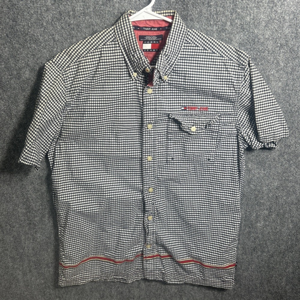 Tommy Jeans Mens Large Cotton Short Sleeve Gingham Shirt Red Hem Vintage 2001